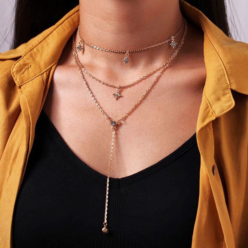 Jovono Boho Choker Necklaces Layered Star Pendant Necklace Chain Rhinestone Necklace Chain Jewelry for Women(Set A) - Image 3